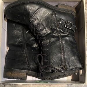 Olsenboye Black Lace-Up Buckle Combat Heeled Boots